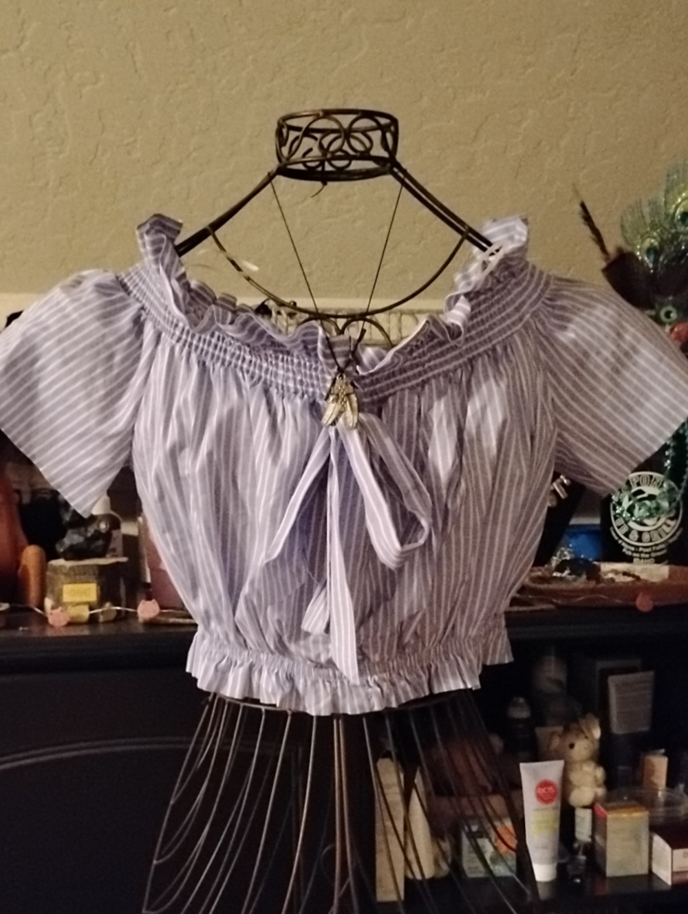 IC COLLECTION Blue & White Striped Off-Shoulder Tie-Front Crop Blouse
